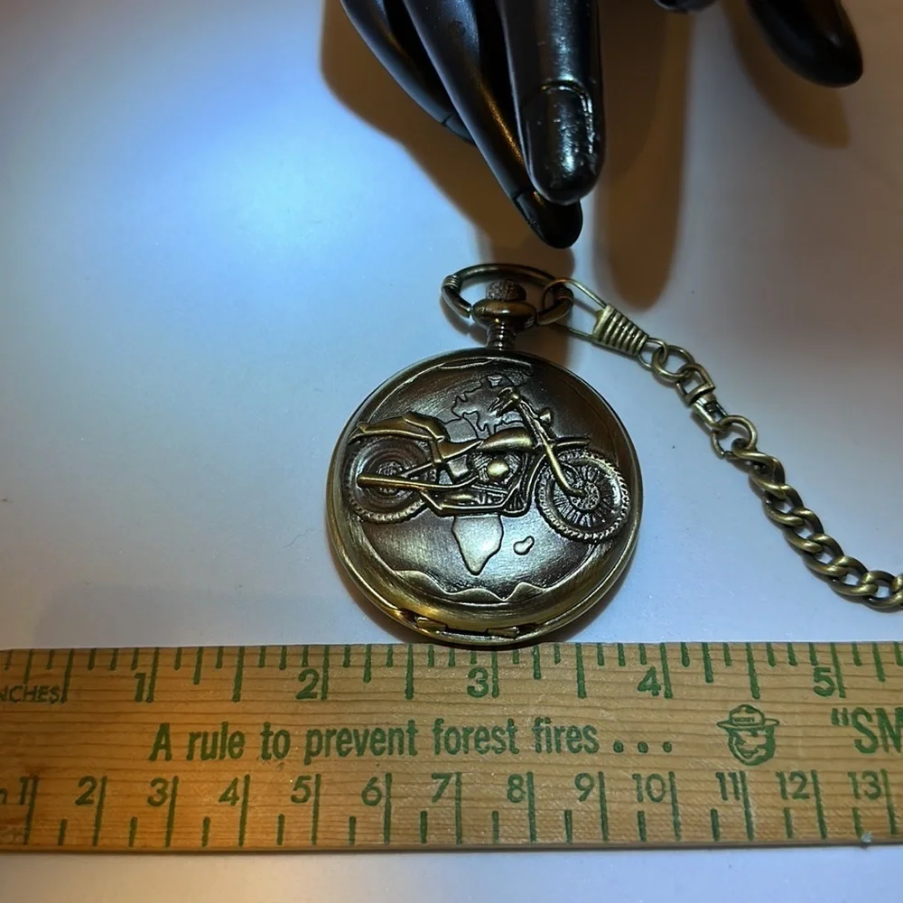 Motorcycle Pocket Watch - Brushed Goldtone 14in Watch chain - needs battery